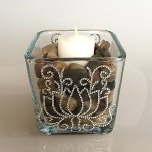 Candle holder, vase, short Two-sided same lotus flower swirls silver rhinestones